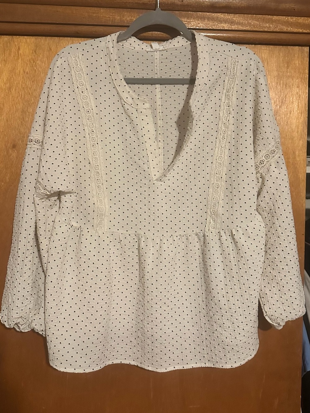 Women’s White Eyelet Peasant Top with Polka Dot Detail